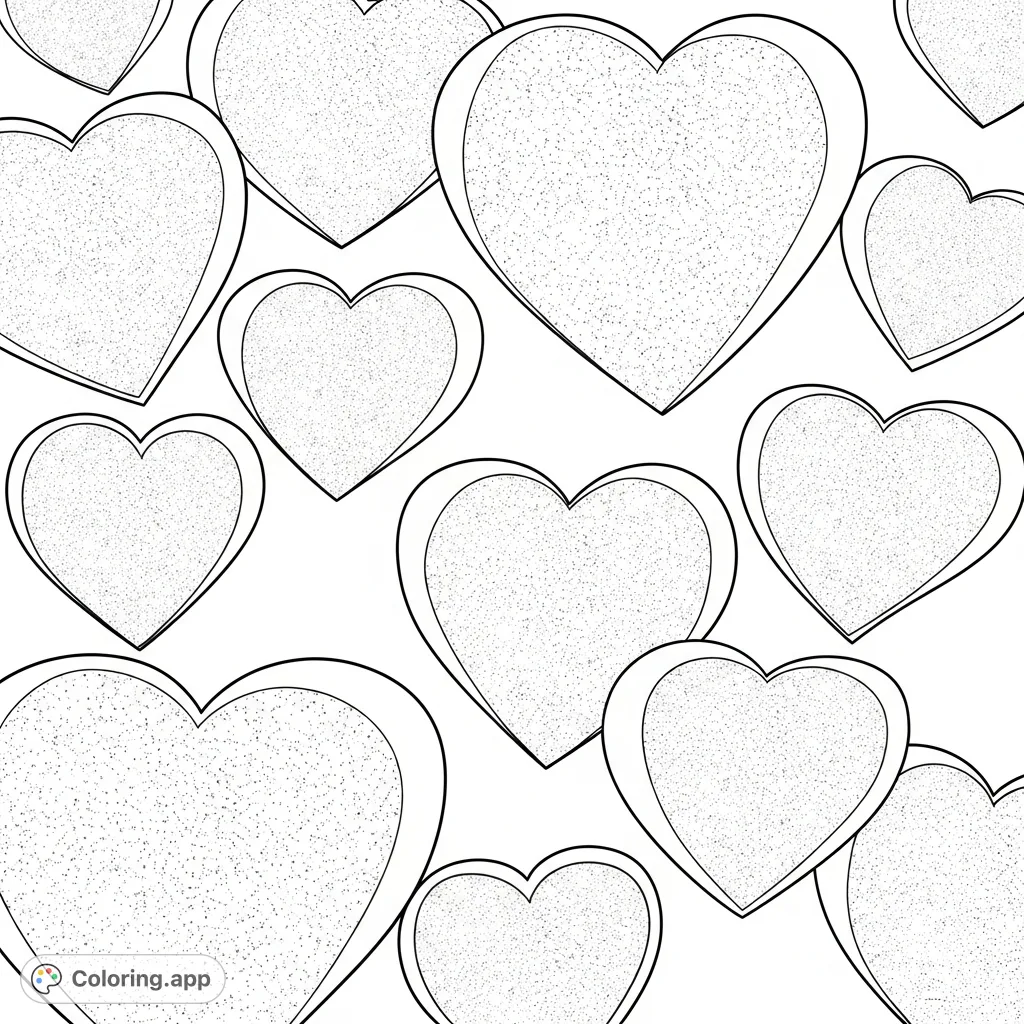 A delightful collection of large, sparkling heart shapes gently drifting, offering a radiant coloring experience for all ages and skill levels.