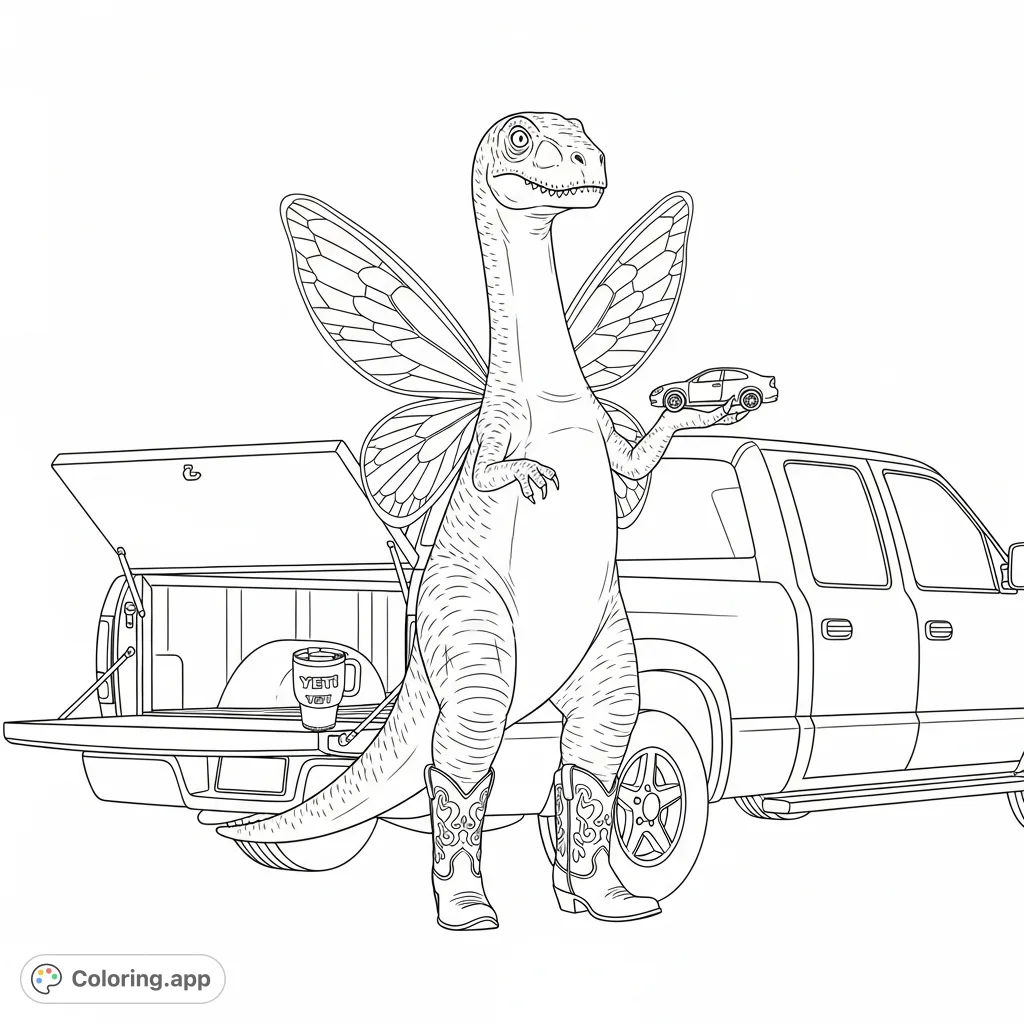 A quirky dinosaur with fairy wings and cowboy boots holds a car, perched in a truck next to a van and a Yeti-style cup. A fun, whimsical scene!