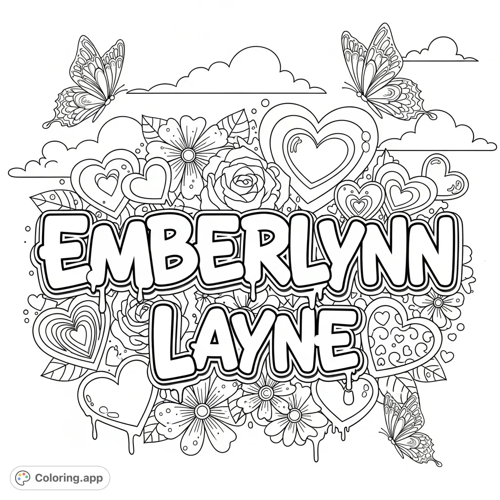 "Emberlynn Layne" in bold graffiti, adorned with hearts, flowers, and butterflies. A personalized coloring page for creative expression.
