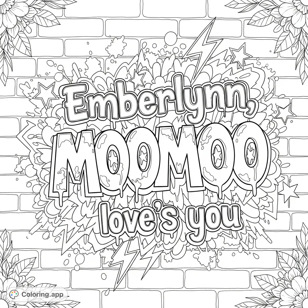 Unleash your creativity on a bold graffiti wall featuring "Emberlynn, MOOMOO love's you" in stylized letters with drips and urban motifs. A vibrant, personal street art coloring page.