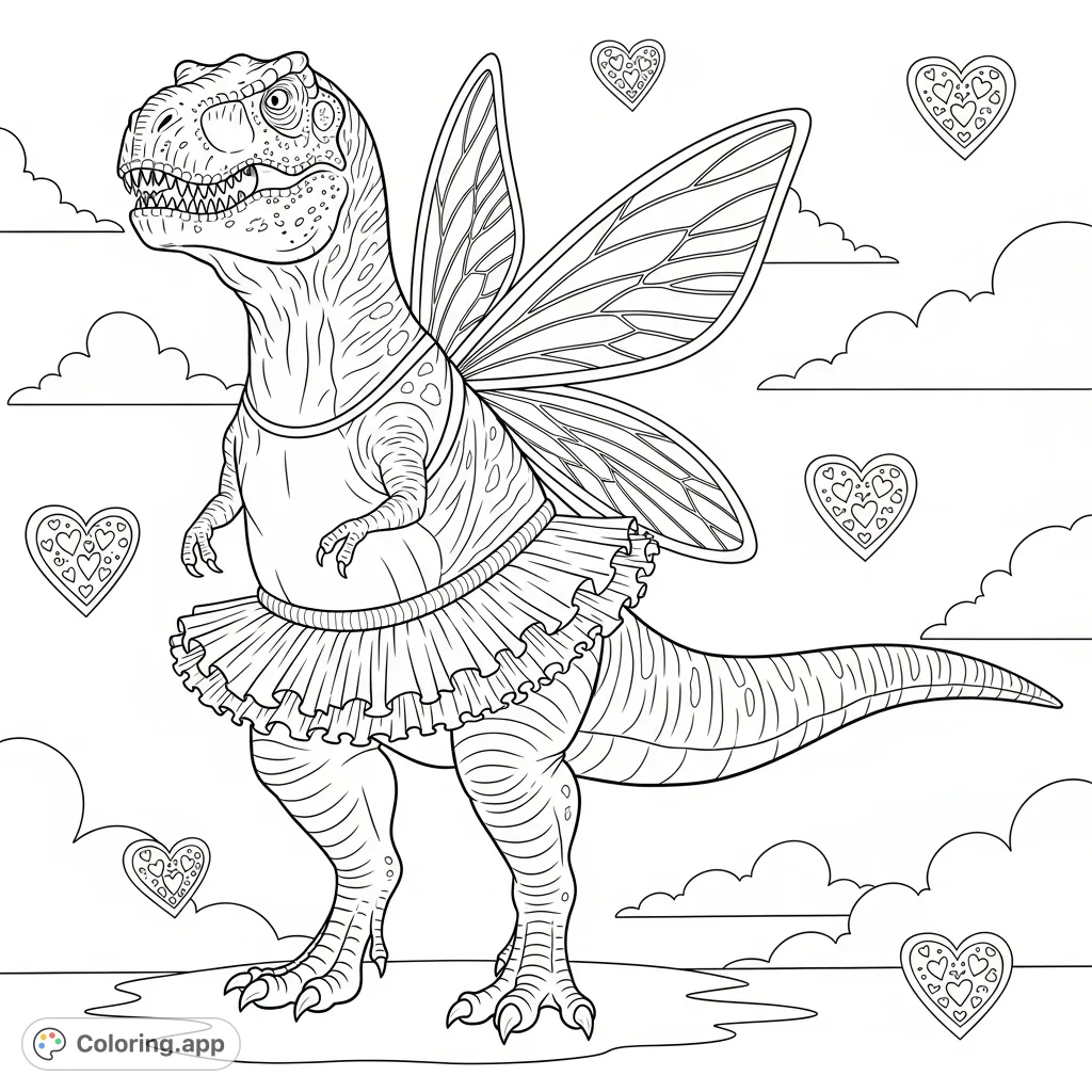 Unleash creativity with this whimsical T-Rex ballerina coloring page, featuring a majestic dinosaur adorned with delicate fairy wings and a ruffled tutu.