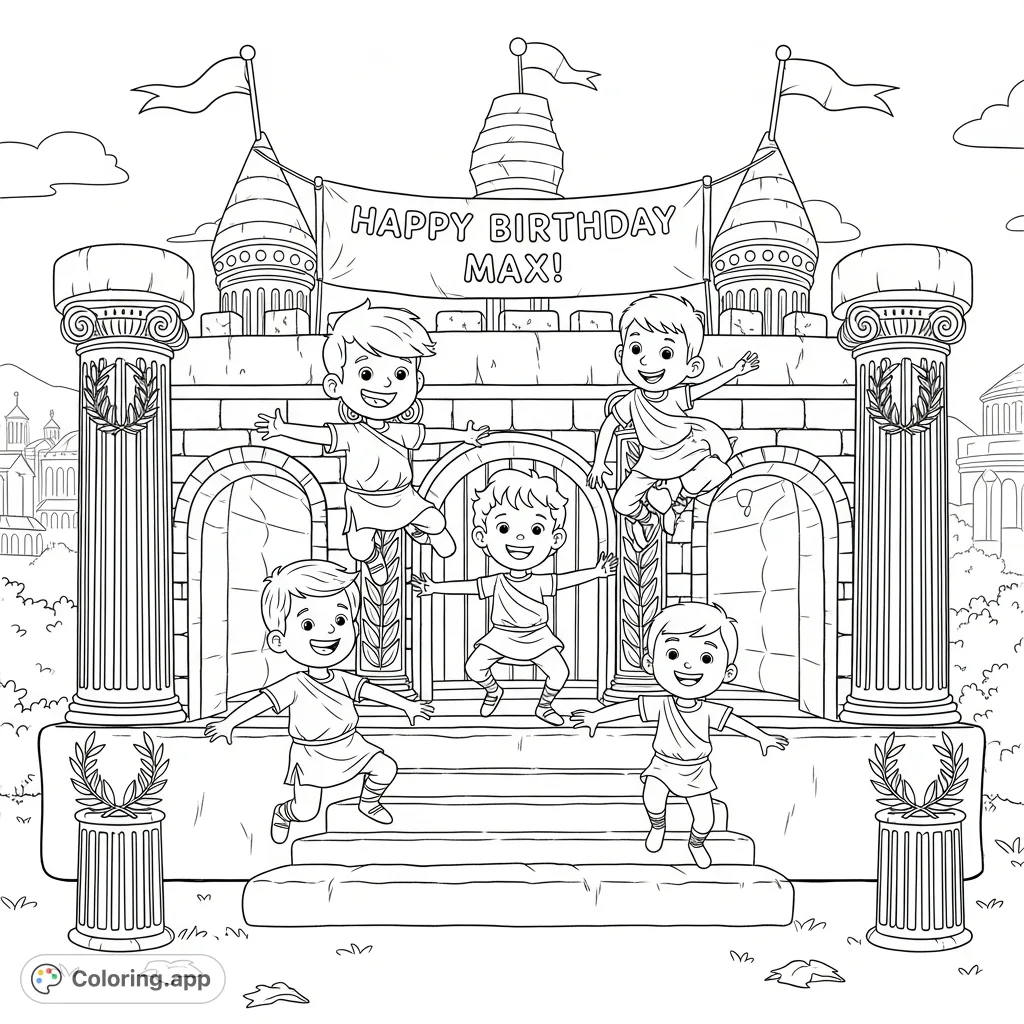 Four boys, Max, Julius, Riley, and Hayden, celebrate Max's birthday on a Roman-themed bouncy castle, surrounded by festive Ancient Rome details.