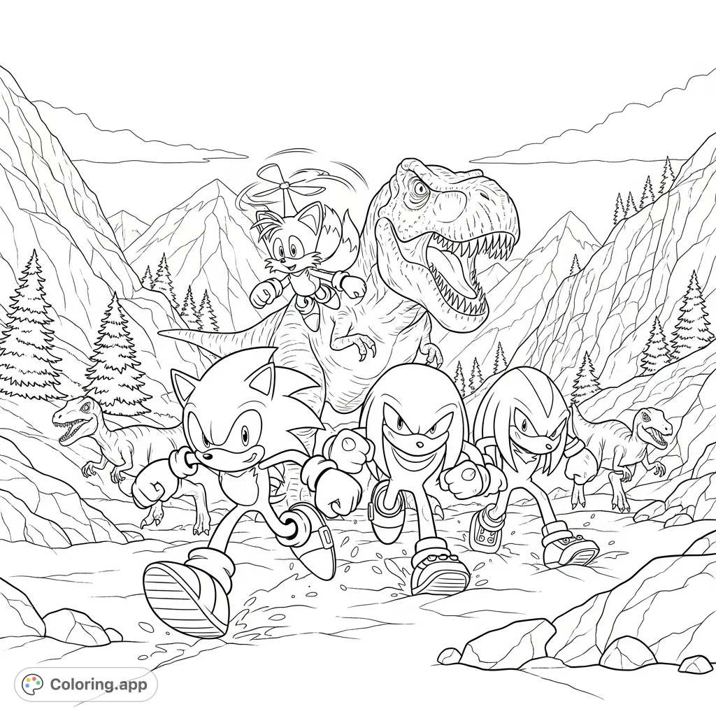Sonic, Tales, Knuckles, and Shadow race across a snowy mountain, narrowly escaping a roaring T-rex and other dinosaurs in a thrilling, action-packed scene.