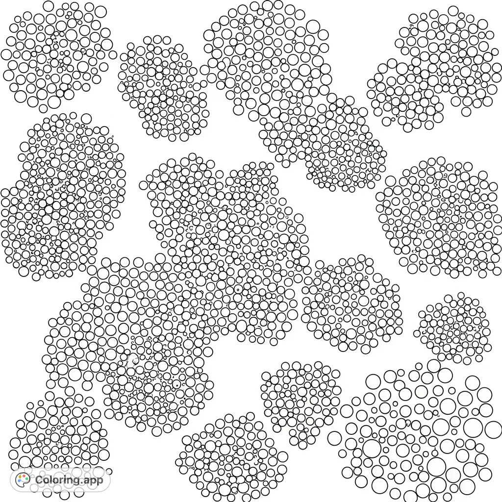An abstract geometric coloring page featuring numerous small circles tightly clustered together, forming intricate patterns and shapes for detailed coloring.