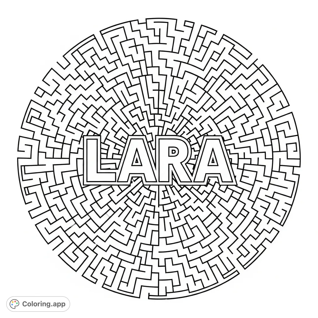 Explore an intricate geometric labyrinth with the name LARA at its heart. This detailed line maze offers a satisfying challenge for all ages. Perfect for mindful coloring.