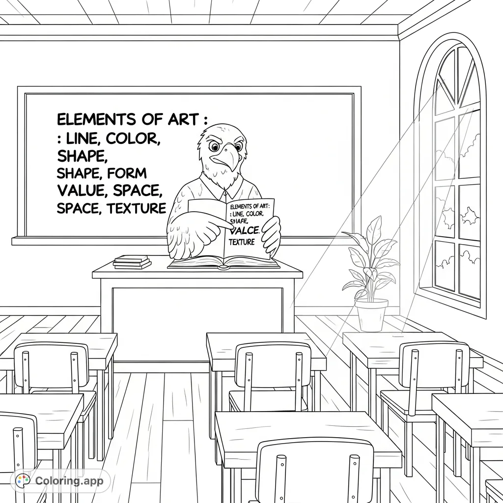 An inspiring Mr/Ms Eagle teaches the 'Elements of Art' in a detailed classroom setting, complete with desks, a blackboard, and an open book.