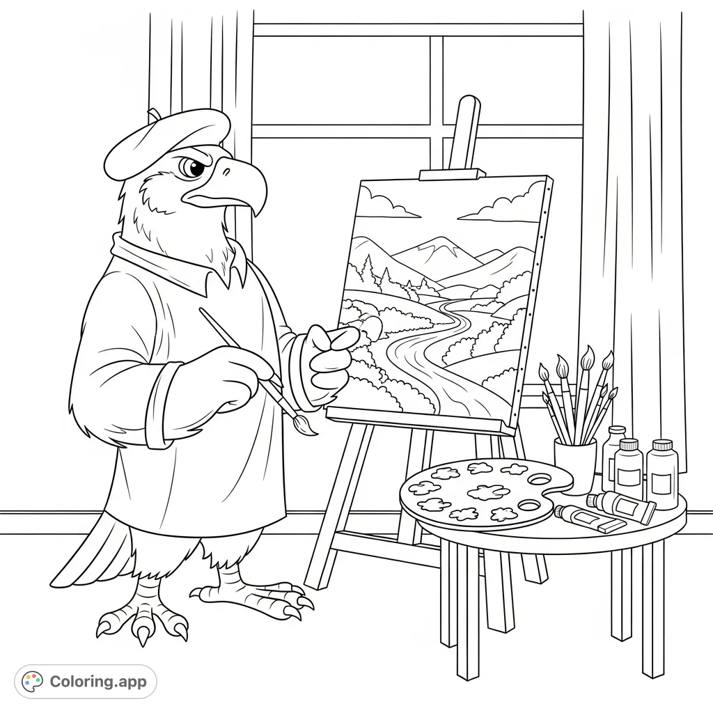 Join Mr. Eagle as he discovers his artistic talent, painting a beautiful landscape on canvas. A charming scene for all aspiring artists and bird lovers.