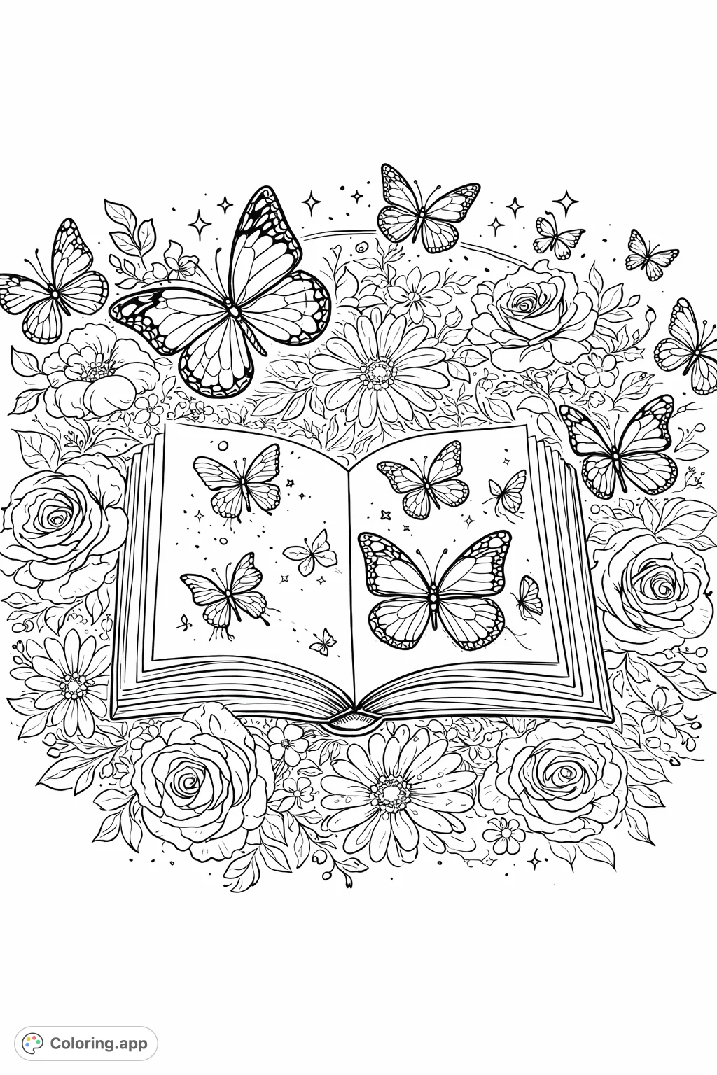 An open book filled with intricate butterflies and surrounded by lush flowers, inviting a magical coloring experience.