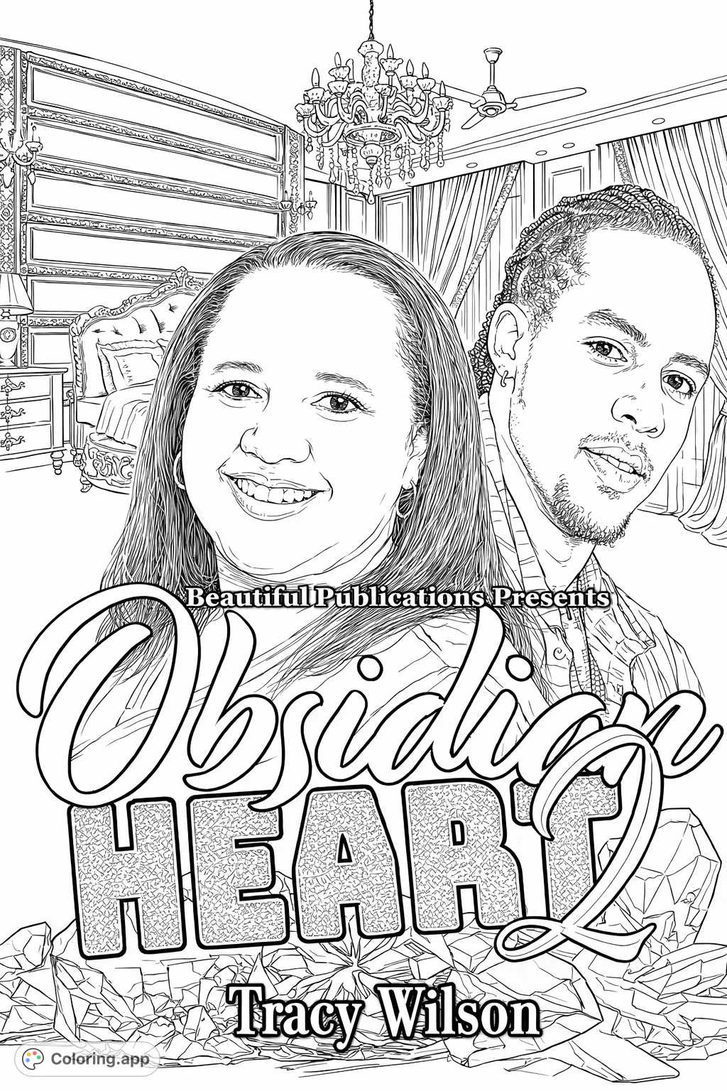 Color this elegant scene featuring two individuals against a luxurious backdrop, adorned with a grand bed, chandelier, and sparkling gemstones. A captivating luxury coloring page.