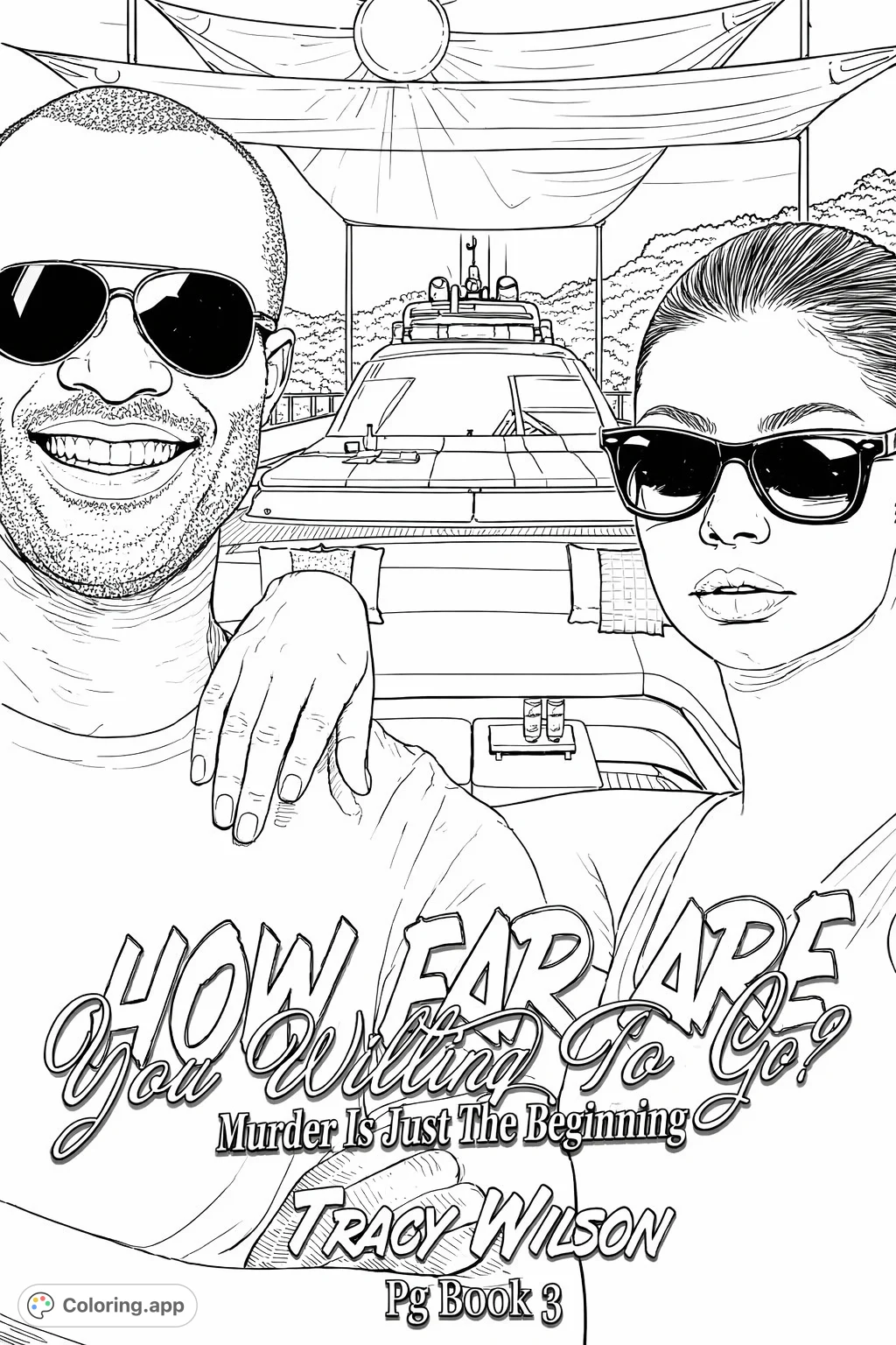 Color this sophisticated scene featuring a stylish couple on a grand luxury yacht with a scenic coastal background. Perfect for detailed coloring.