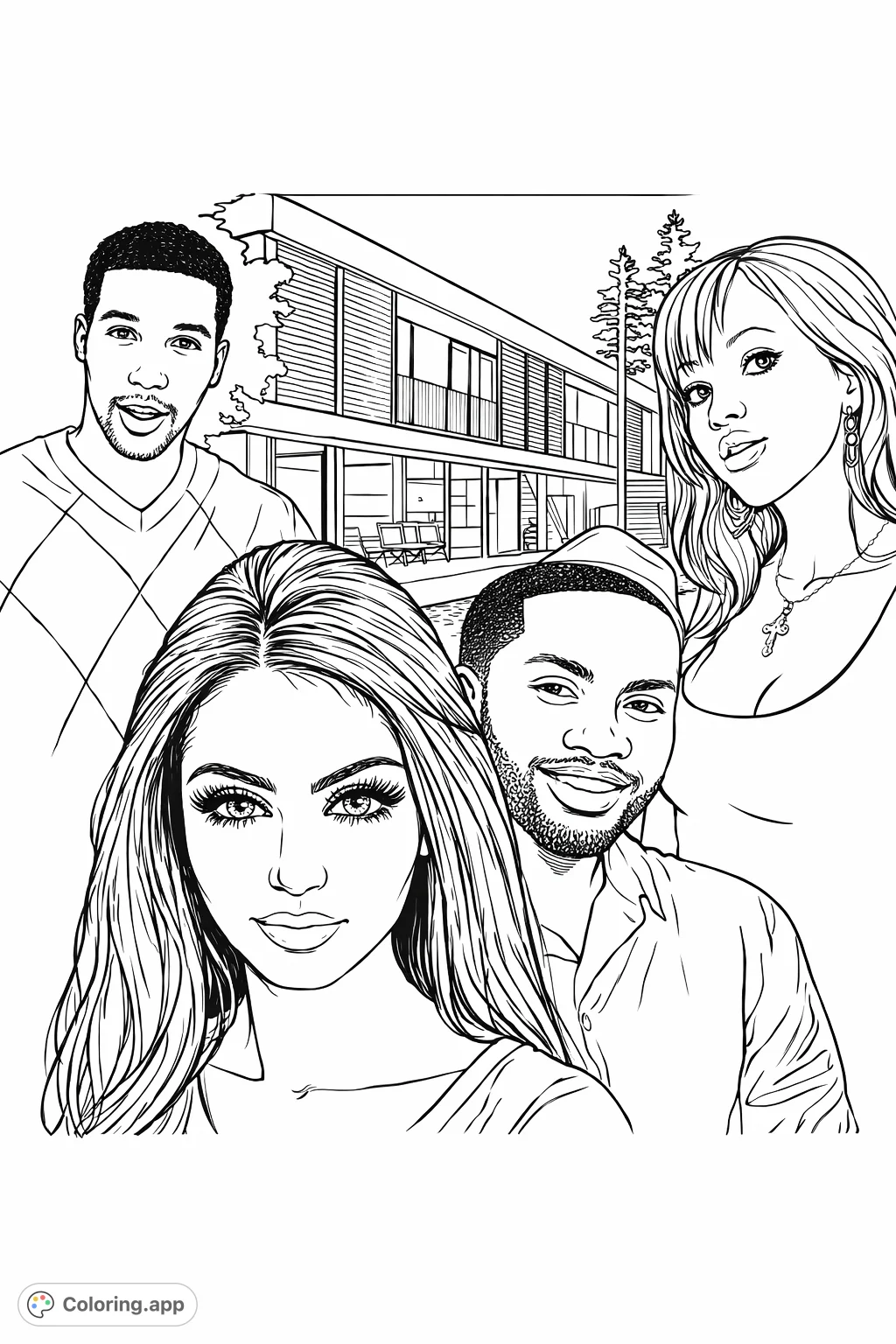 Color a dynamic scene featuring diverse figures overlapping against a striking, contemporary multi-story house. Perfect for those who enjoy character-focused designs.