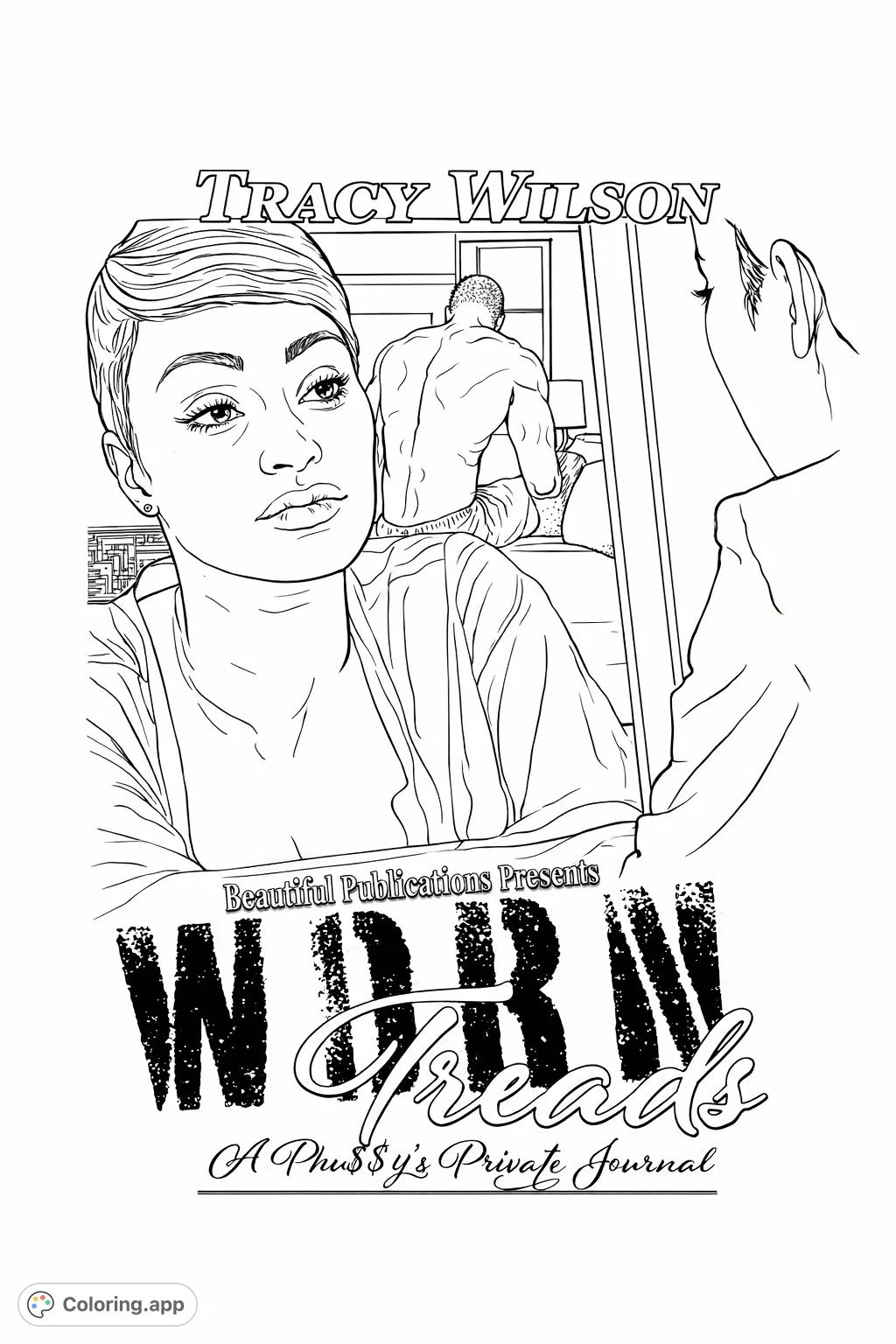 An intimate adult coloring page featuring a thoughtful woman in a robe, a man in the background, and a city view, perfect for mature colorists.