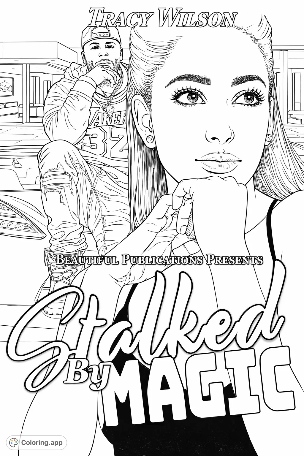 A contemporary scene featuring a woman in close-up and a stylish man posing on a sleek sports car in front of a modern mansion.