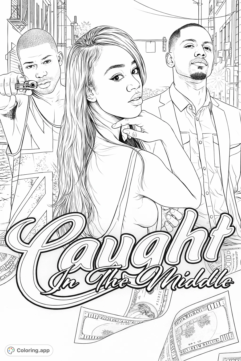 A dramatic urban scene featuring a woman, two men, one holding a firearm, and falling currency. A suspenseful night setting for adult colorists.