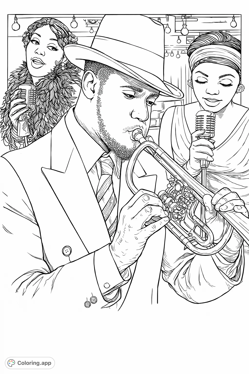 Capture the energy of a vintage music performance featuring a man playing a trumpet and two vocalists with classic microphones. A captivating stage scene for music lovers.