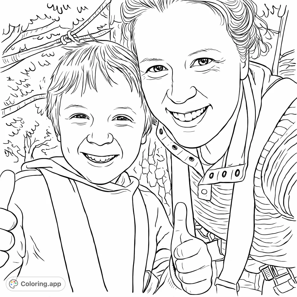 A cheerful adult and child in harnesses give thumbs up, ready for adventure. A fun and simple design for all ages to enjoy coloring.