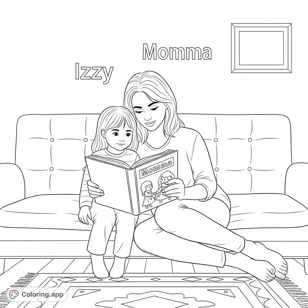 A heartwarming Izzy and Momma coloring page featuring a child and mother sharing a tender reading moment on a sofa, perfect for family bonding.