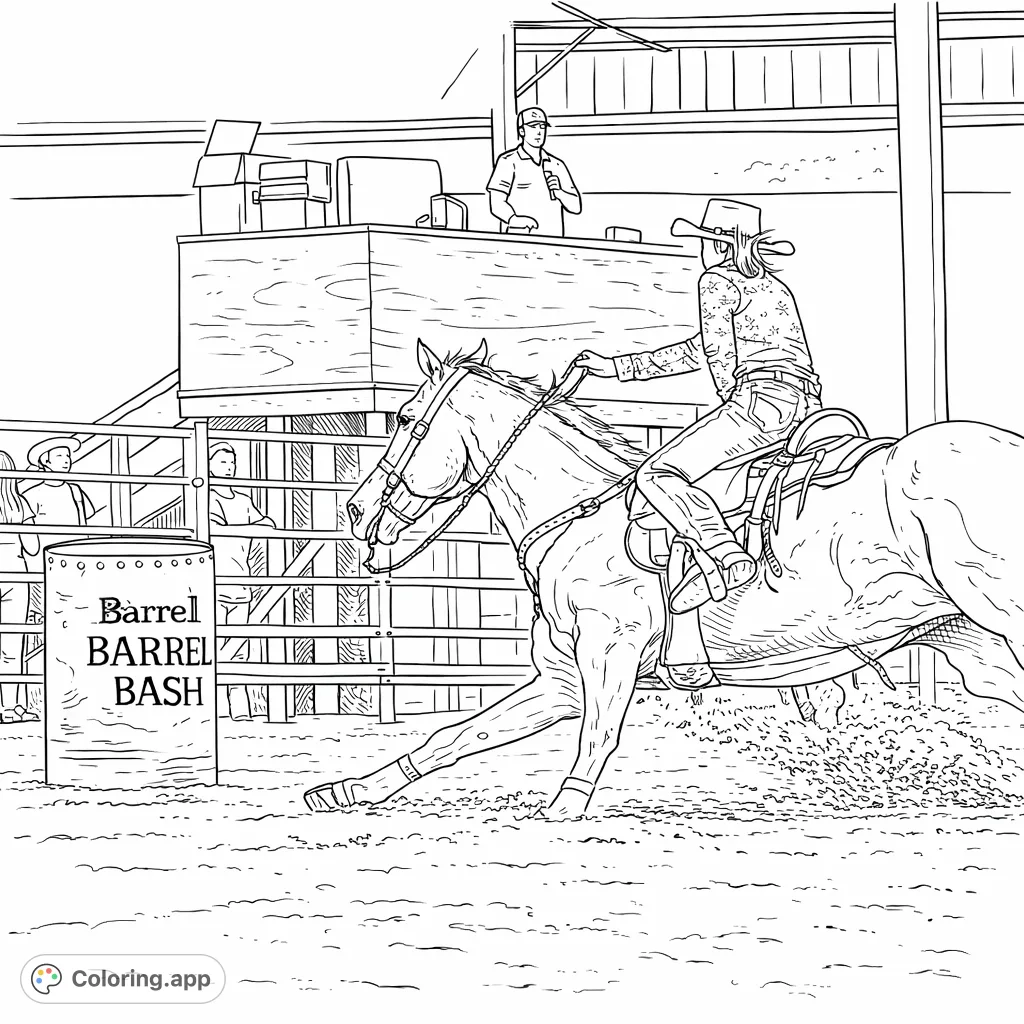Experience the thrill of a barrel race! This dynamic coloring page captures a horse and rider mid-turn in a dusty arena, perfect for rodeo enthusiasts.