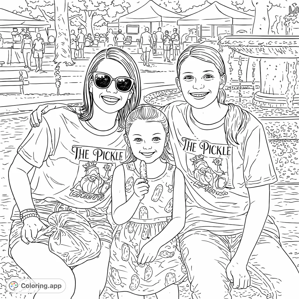 A delightful family portrait featuring three smiling females wearing 'The Pickle Club' attire, enjoying a lively outdoor market. Perfect for celebrating connections and pickle fun.