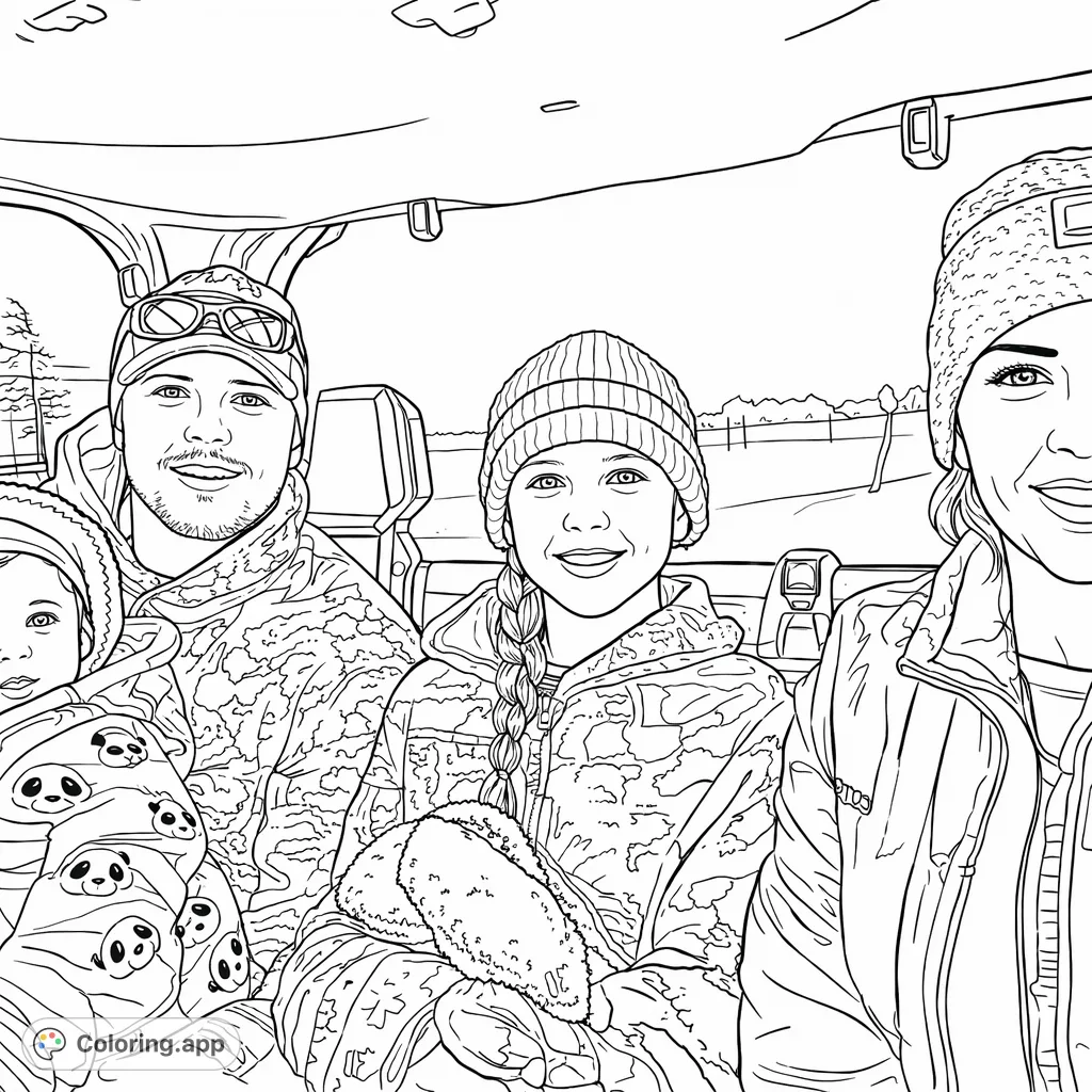 A heartwarming winter family adventure in a utility vehicle, featuring smiling faces and a snowy landscape. Perfect for all ages to enjoy coloring!