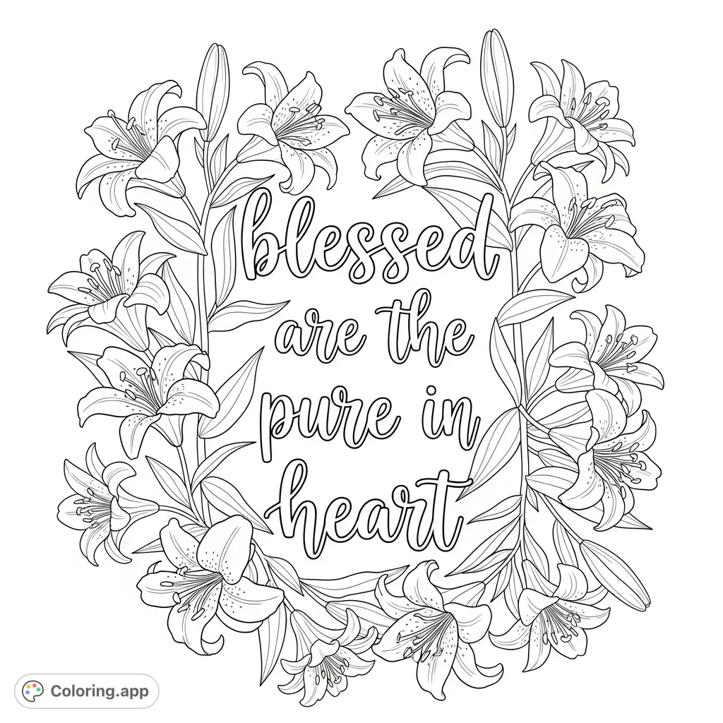 An elegant spiritual quote coloring page featuring the phrase "blessed are the pure in heart" in graceful script, encircled by beautiful, detailed lilies.