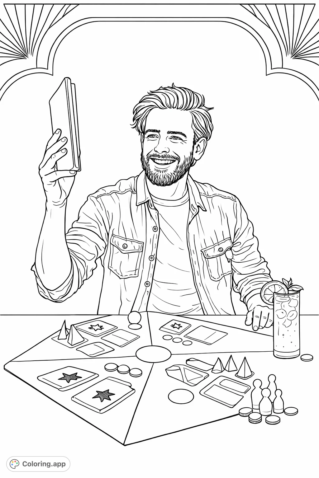 A cheerful man enjoys a board game with a refreshing drink. This engaging scene is perfect for colorists looking to add vibrancy to a leisure activity.