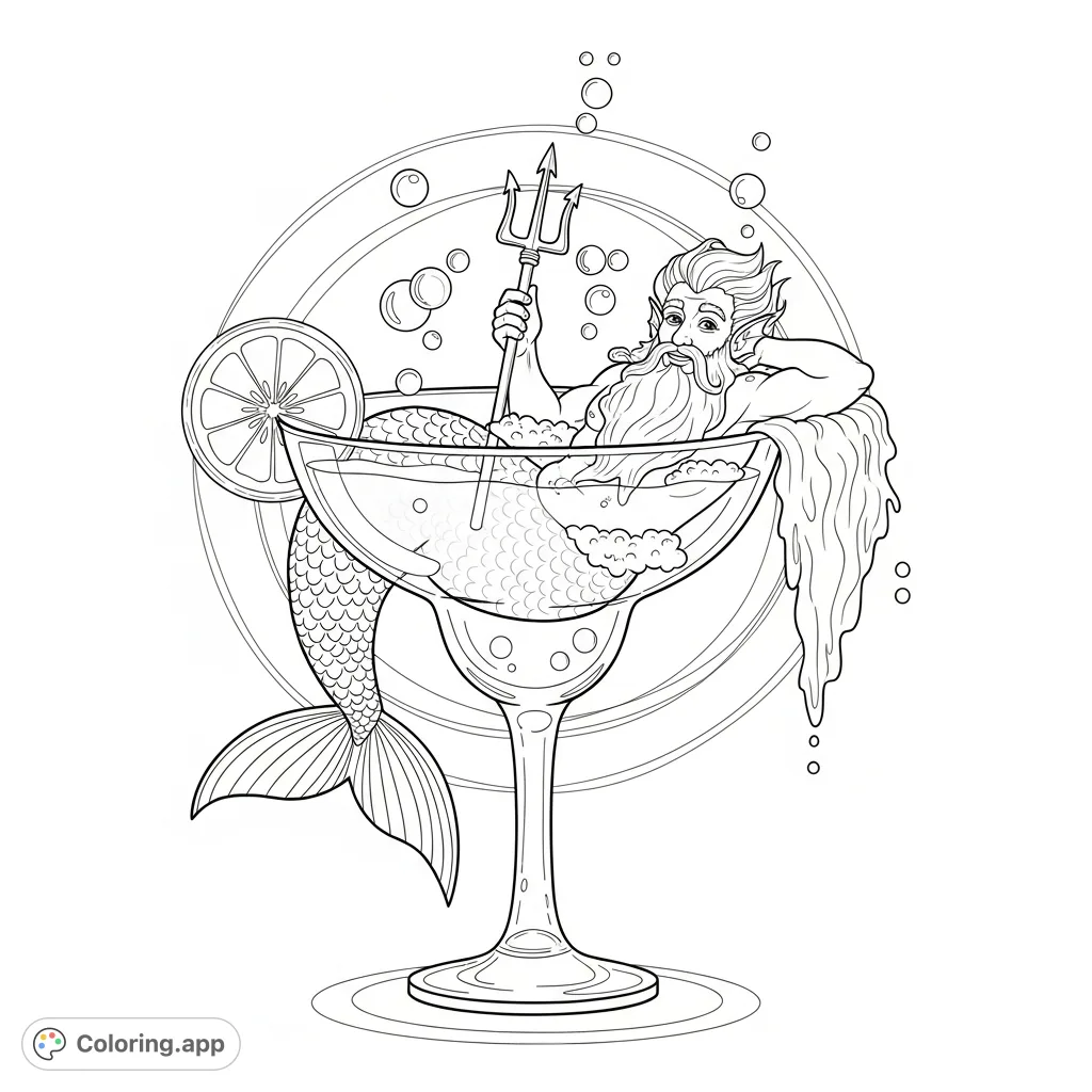 Dive into a whimsical ocean scene! A comical Poseidon merman relaxes in a giant margarita glass, complete with a tiny trident and citrus slice.