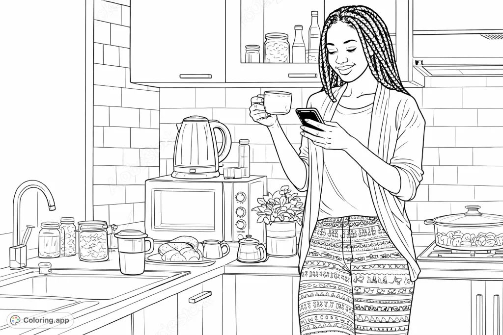 Capture a cozy morning in the kitchen with a smiling woman engrossed in her phone, surrounded by domestic details. A charming scene for mindful coloring.