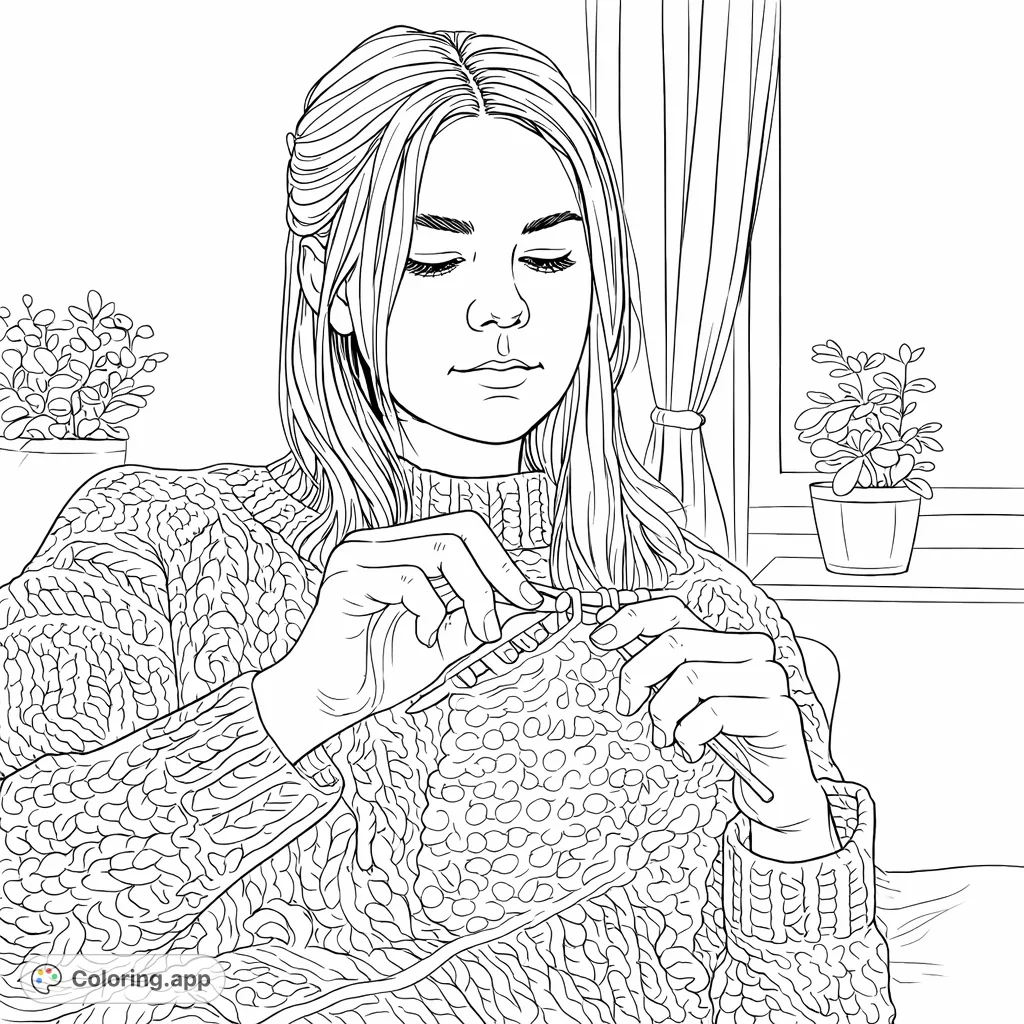 A young woman immersed in her knitting project, featuring intricate sweater details and yarn textures. Perfect for a relaxing and mindful coloring experience.