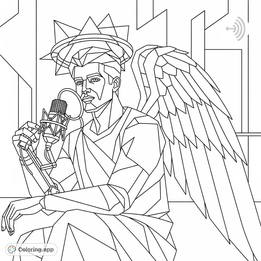 An abstract cubist angel, shown from the waist up, hosts a podcast with a geometric microphone. A unique fusion of sacred and modern, perfect for creative expression.