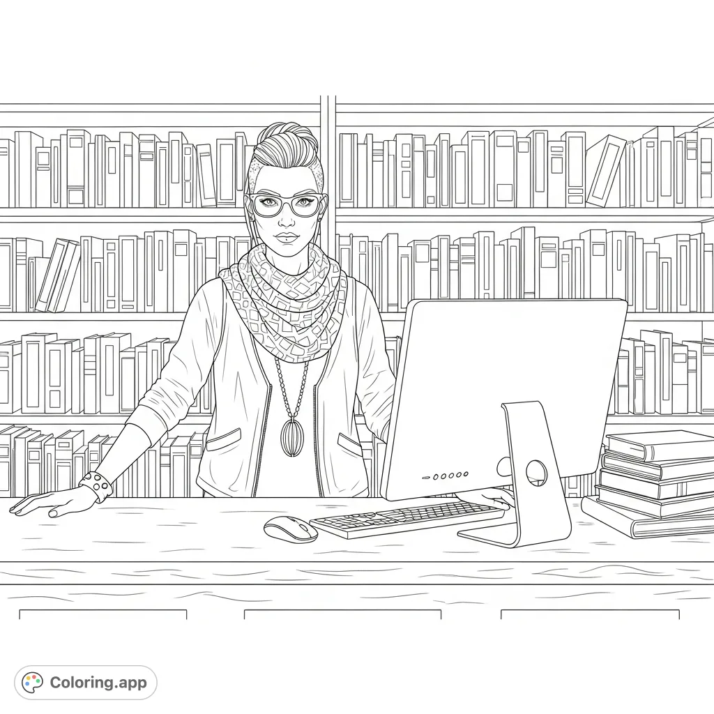 Color a stylish, edgy hipster librarian behind a counter with a computer, surrounded by stacks of books and detailed library shelves. Perfect for character enthusiasts!