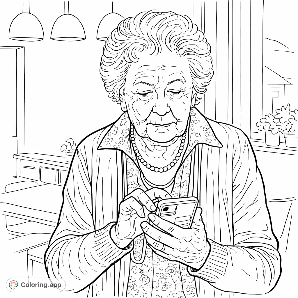 Engage in mindful coloring with this realistic portrait of an elderly woman focused on her smartphone, featuring intricate details and a serene expression.