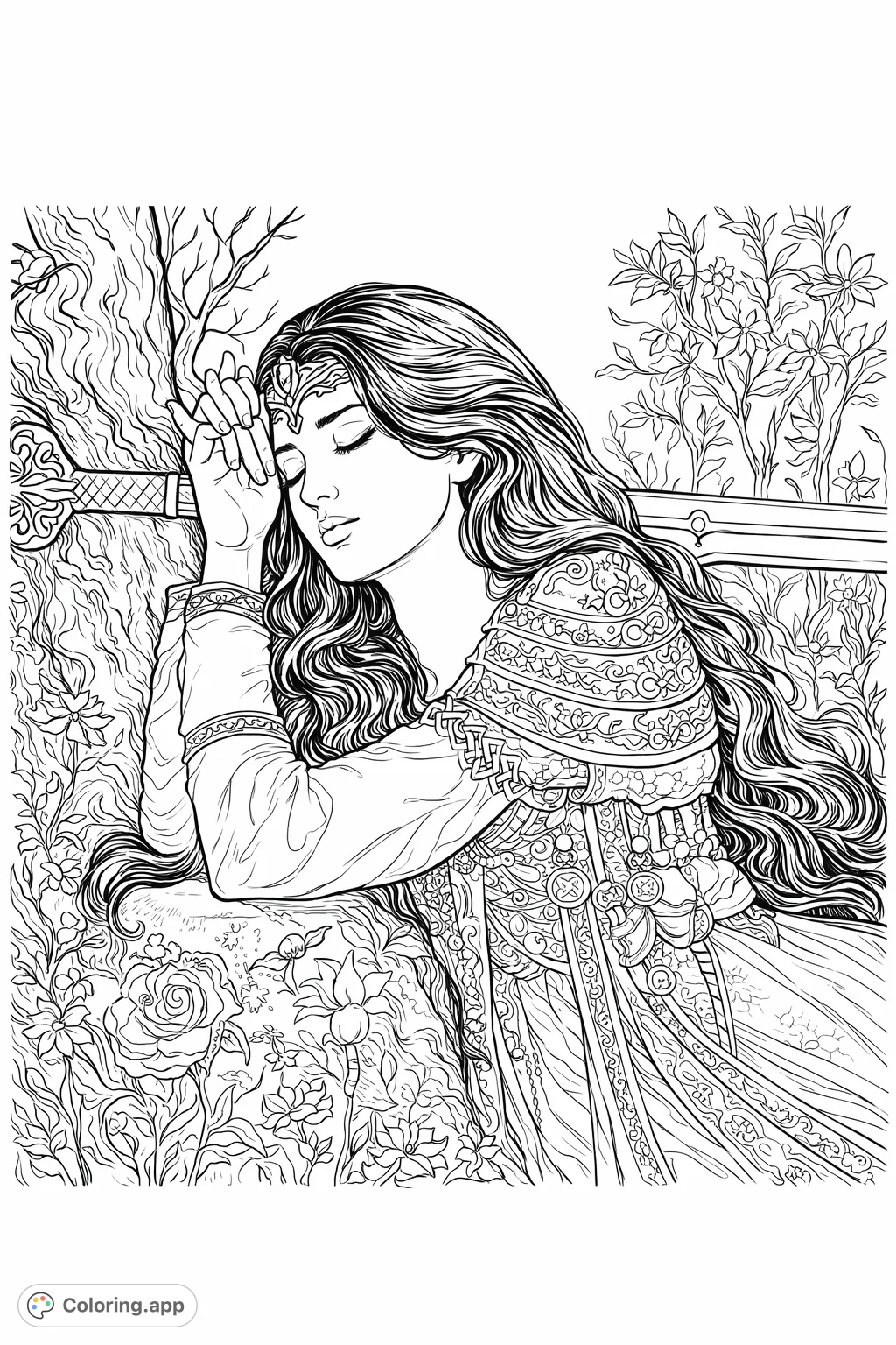 An elegant fantasy woman with intricate attire rests, her long hair cascading, accompanied by a detailed sword amidst lush, natural foliage. Perfect for detailed coloring.