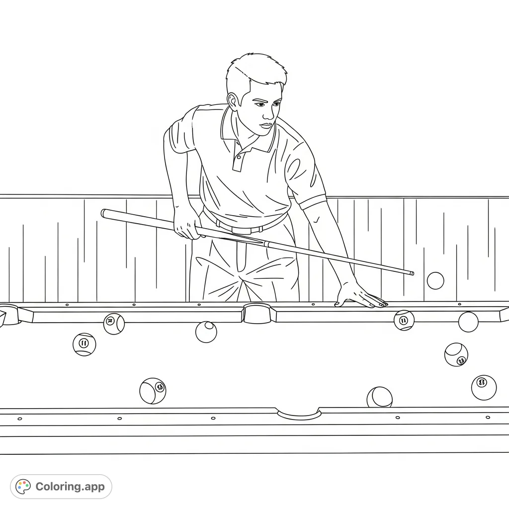 A focused Filipino man poised for a shot at a billiard table, offering an engaging scene for colorists to bring to life with personalized touches.
