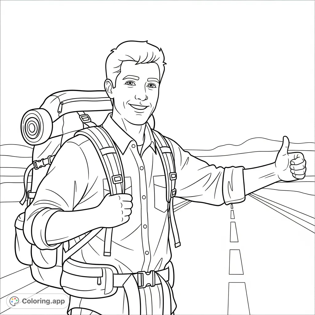A friendly man, wearing a backpack, extends his thumb for a ride. This free printable hitchhiking coloring page offers a journey of creativity for all ages.