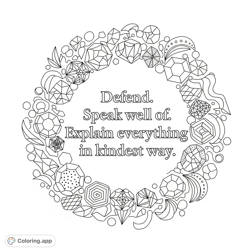 A beautiful quote about kindness and communication, framed by an intricate geometric design with diverse shapes and patterns, offering a mindful coloring experience.