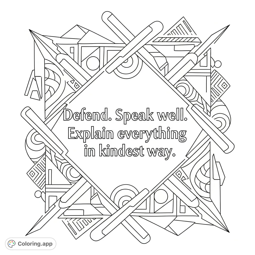 A powerful quote, “Defend. Speak well of. Explain everything in kindest way,” framed by an intricate array of geometric shapes for a mindful coloring experience.