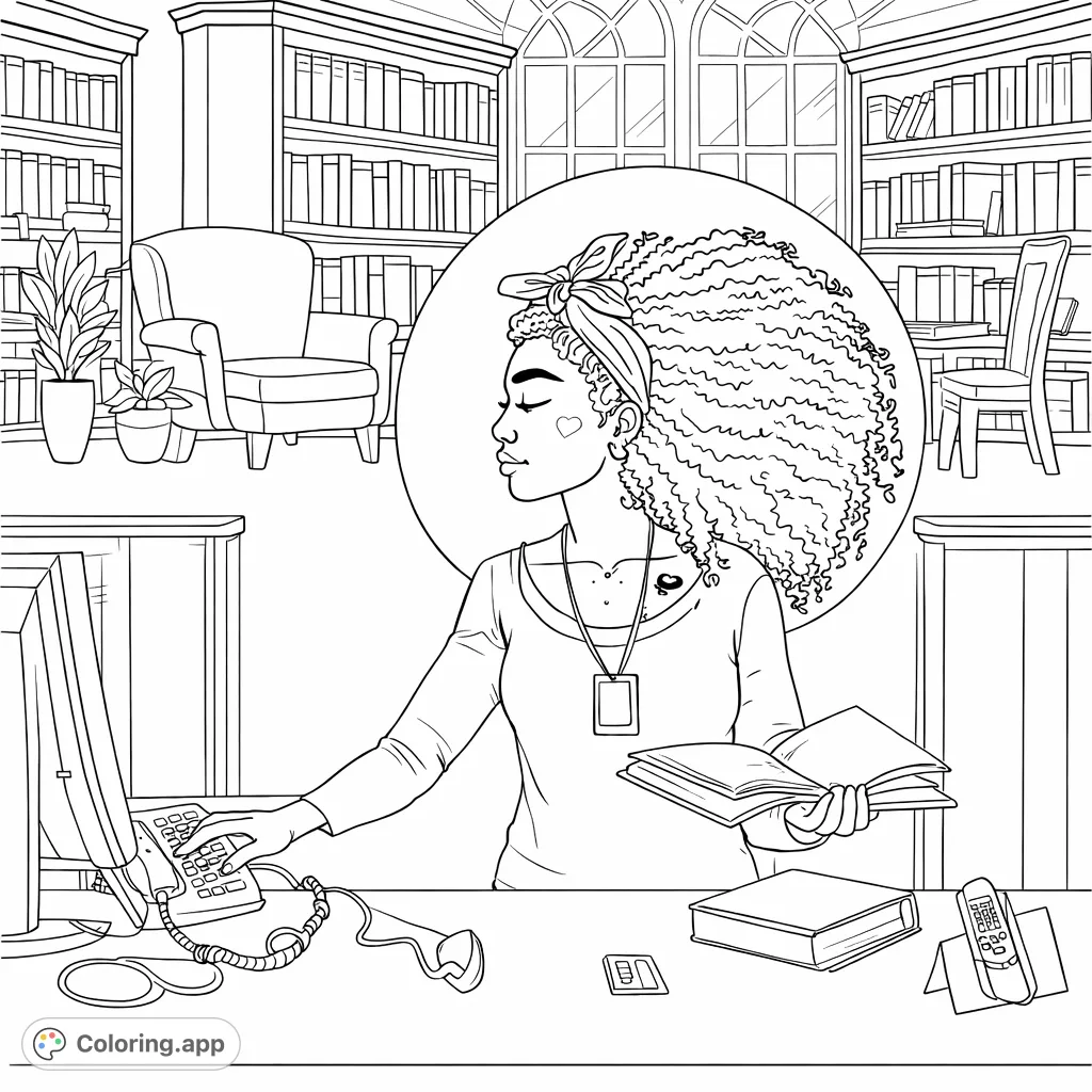 Color a detailed library scene featuring a person working at a computer, surrounded by bookshelves and study essentials. Perfect for reading enthusiasts.