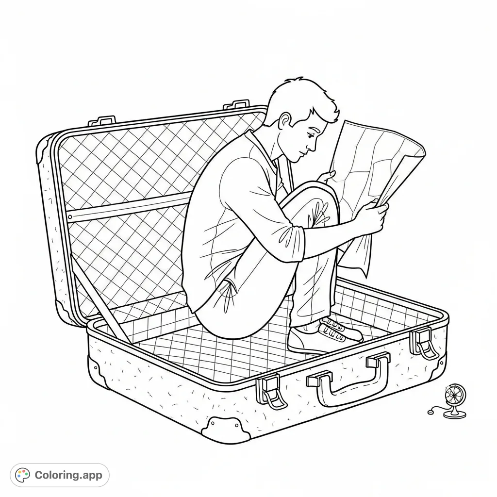Discover a man humorously crammed inside an open suitcase, engrossed in a book or map. A unique and whimsical free printable coloring page.