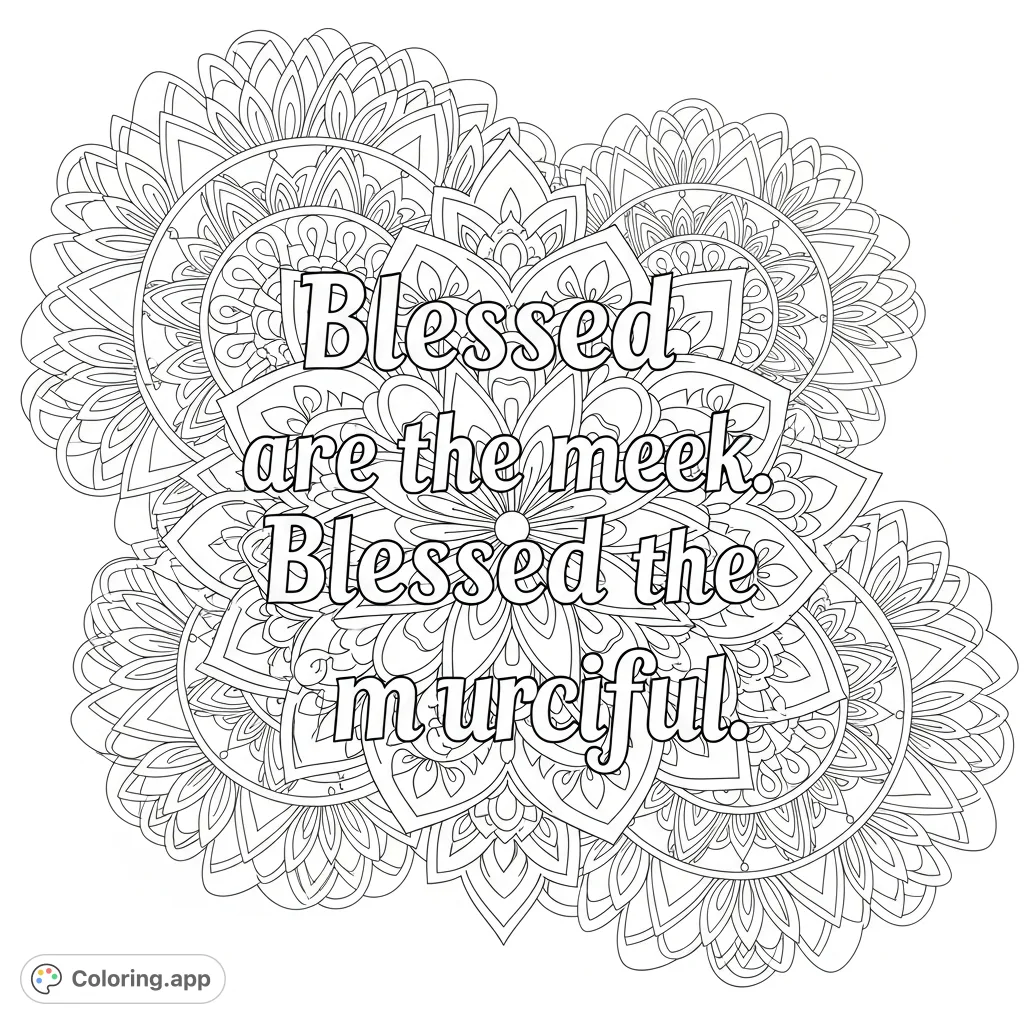 Discover a tranquil coloring page featuring the words "Blessed are the meek. Blessed are the merciful." enveloped by intricate, layered mandala patterns.