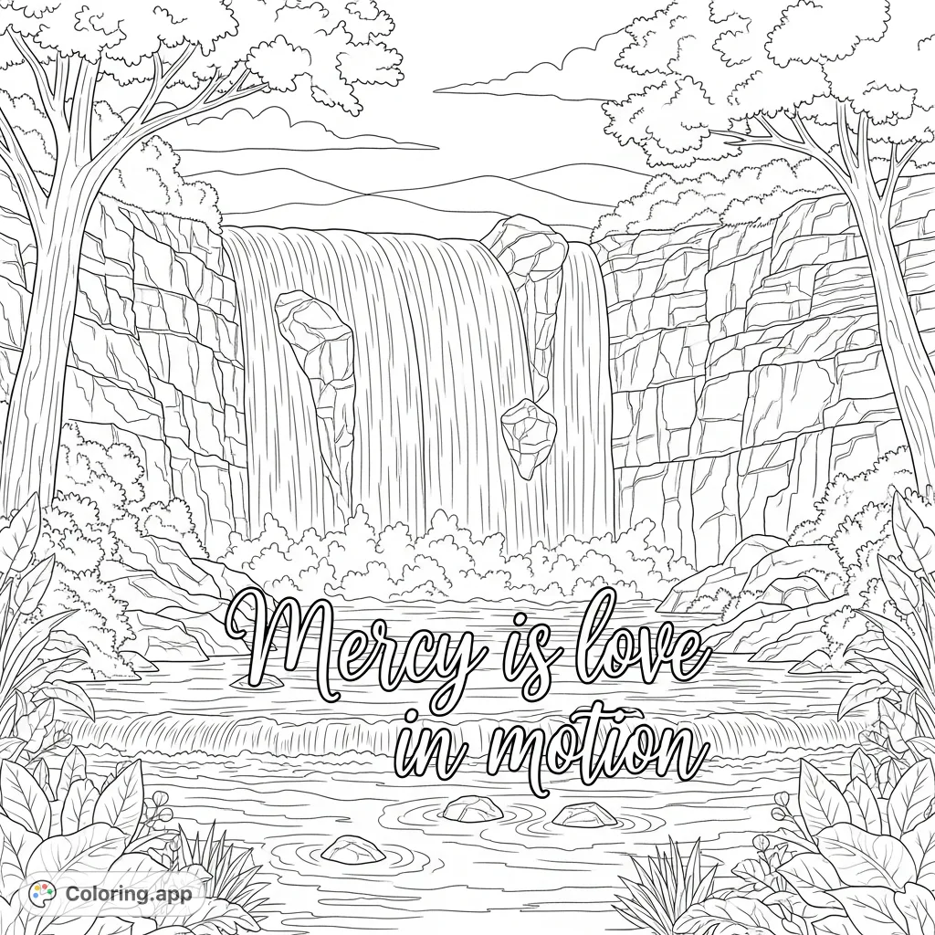 A serene waterfall flows amidst natural rock and lush plants, featuring the inspirational quote "Mercy is love in motion." A peaceful nature scene for all ages.