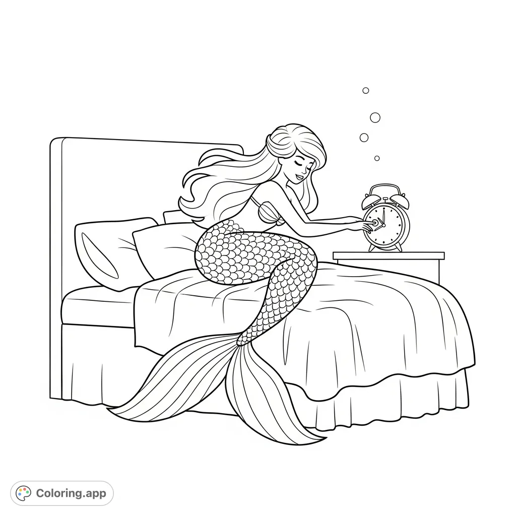 A charming mermaid takes a moment for extra sleep, hitting snooze on her alarm from a cozy bed. Perfect for a relaxing coloring escape.