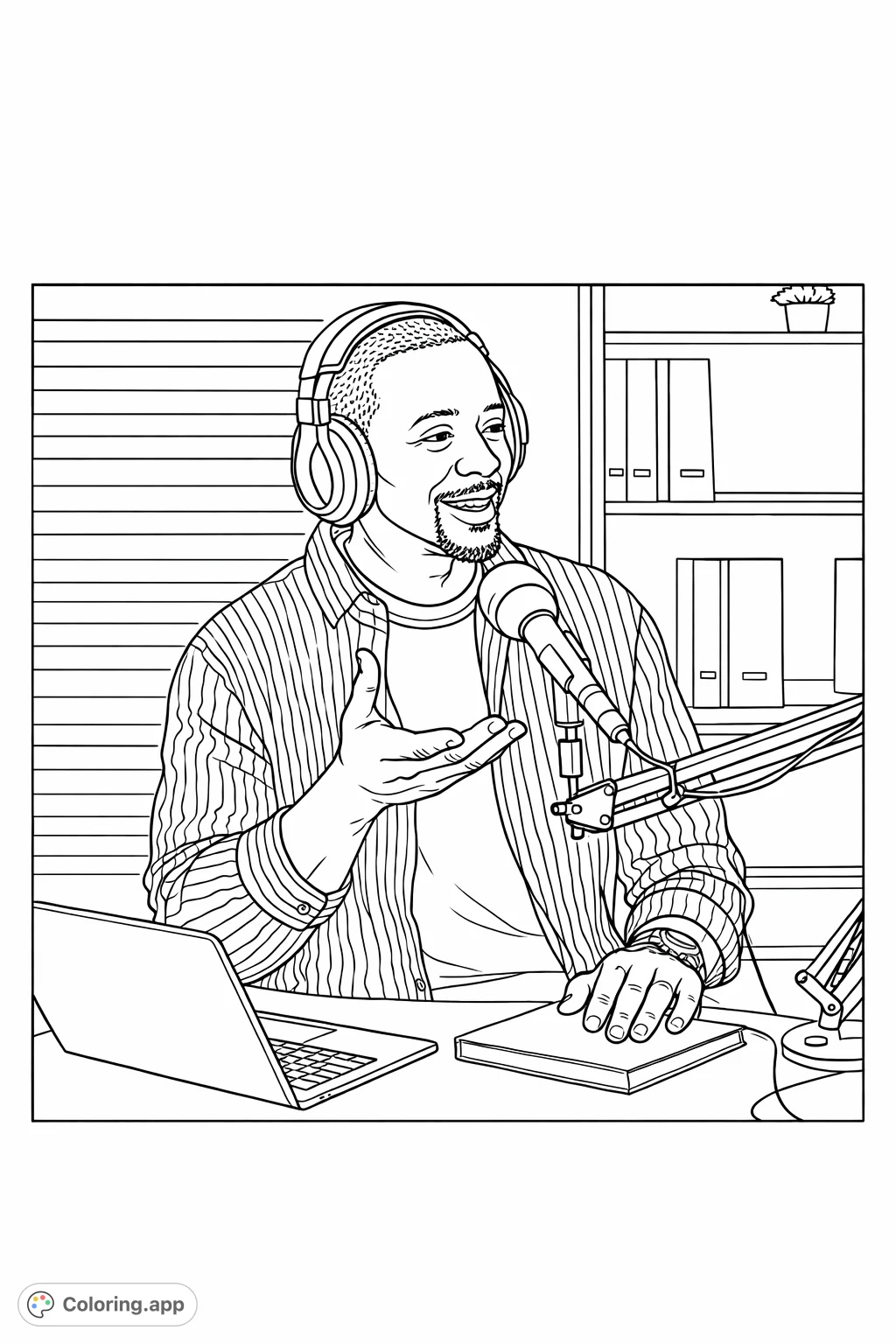 Engage with this modern podcast creator coloring page, featuring a host with headphones and microphone in an office setting. Perfect for creative expression.