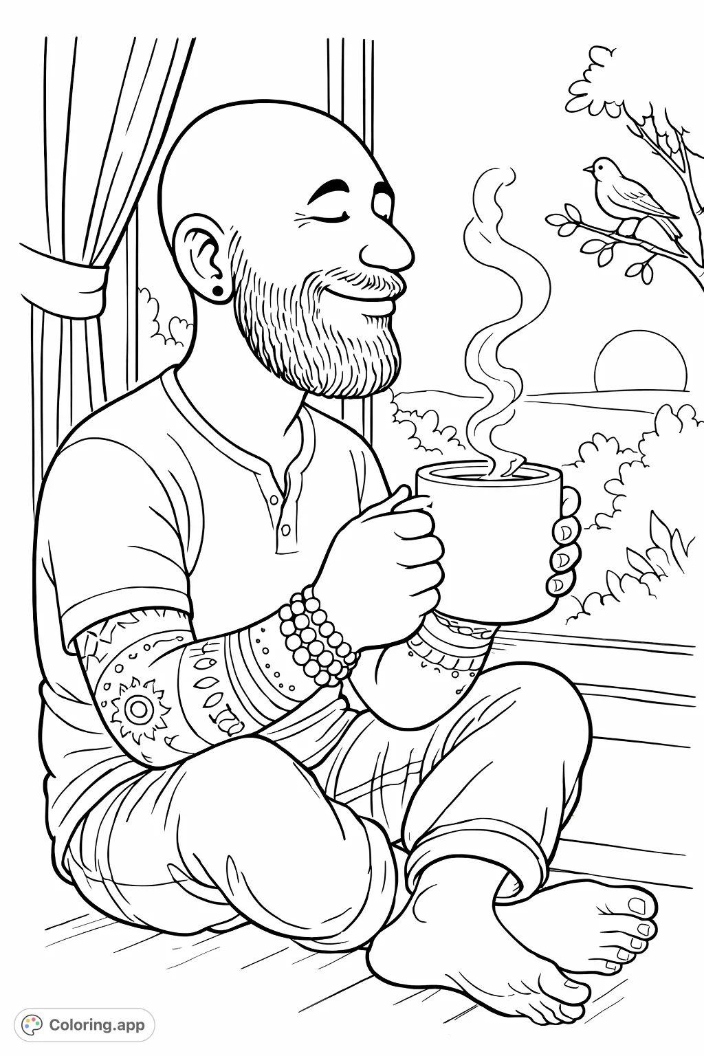 Experience calm with this serene coloring page featuring a bearded man enjoying coffee by a window overlooking a tranquil sunrise, complete with detailed tattoos and a small bird.
