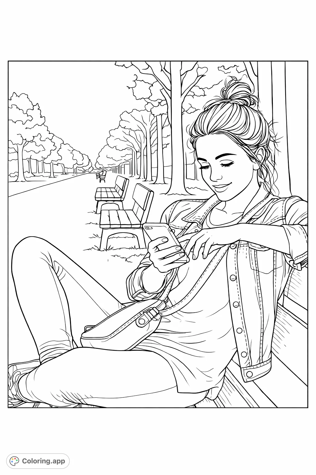 Enjoy a moment of urban tranquility with this park scene coloring page. A young woman relaxes on a bench, engaged with her phone.