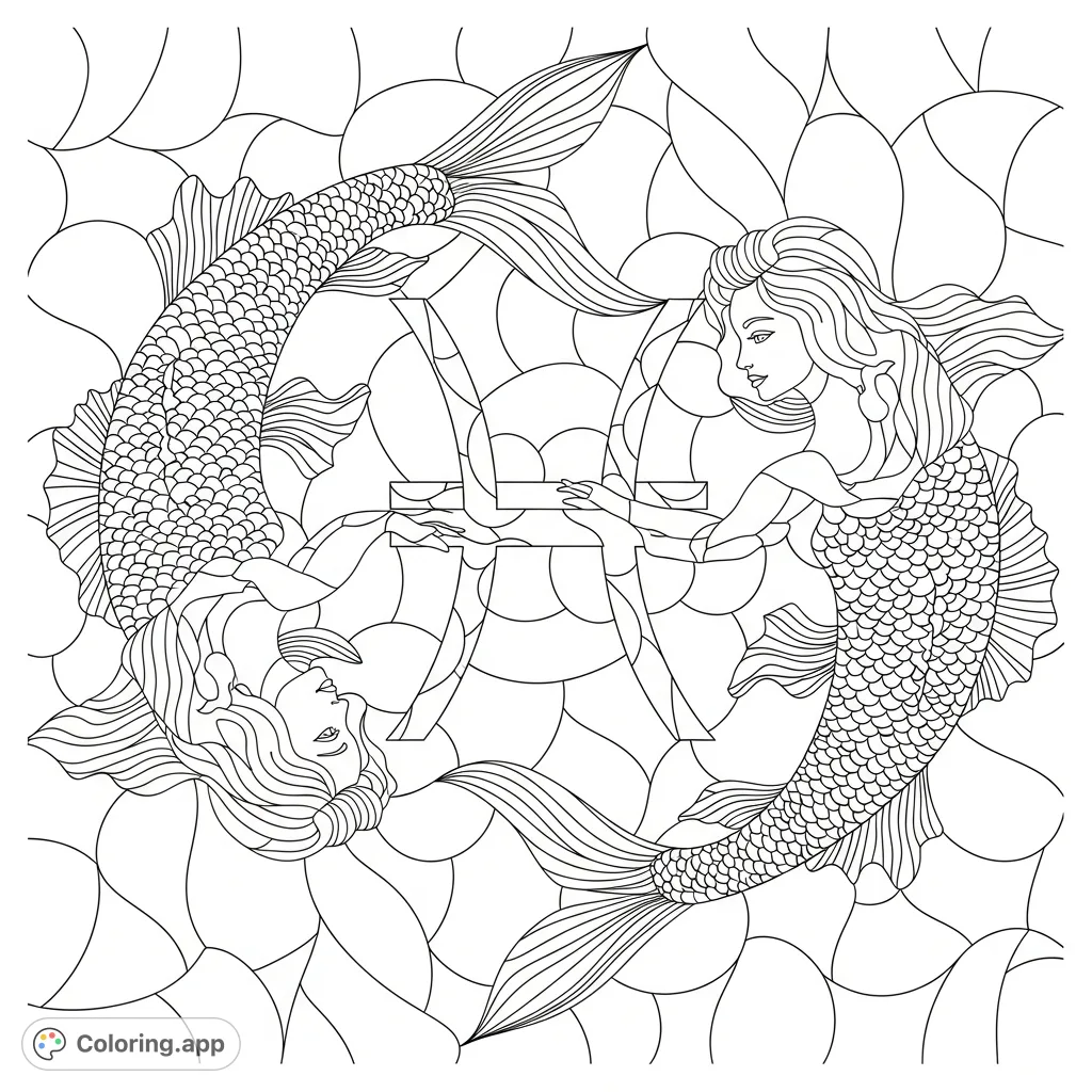 Dive into a serene Pisces stained glass coloring page featuring graceful women intertwined with fish, symbolizing unity and cosmic flow. Perfect for all ages.