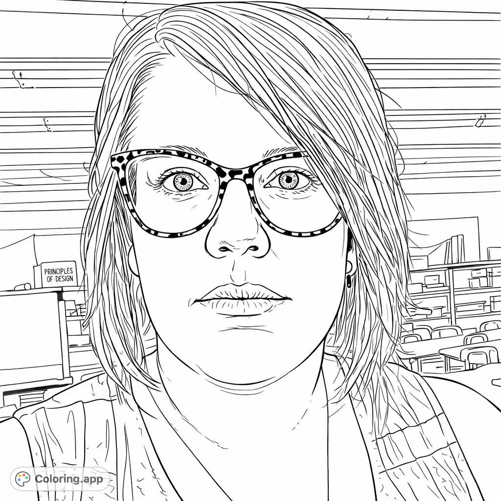 A striking portrait featuring an individual with shoulder-length hair and unique patterned glasses. Ideal for personalizing features and background details.