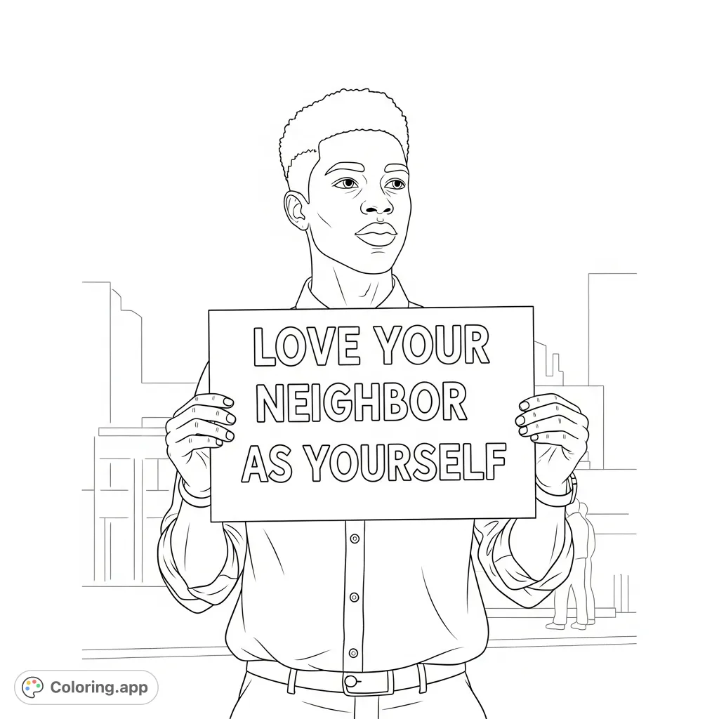 A millennial Black man holds a powerful protest sign stating "Love your neighbor as yourself" in an urban setting, inspiring reflection and peace.