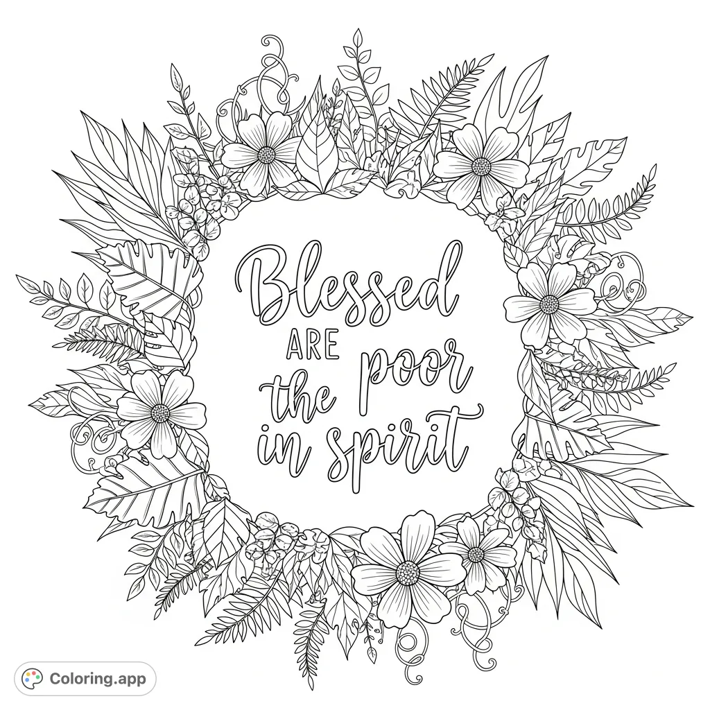 An intricate botanical garden surrounds the sacred words 'Blessed are the poor in spirit.' A detailed spiritual coloring page for mindful reflection.