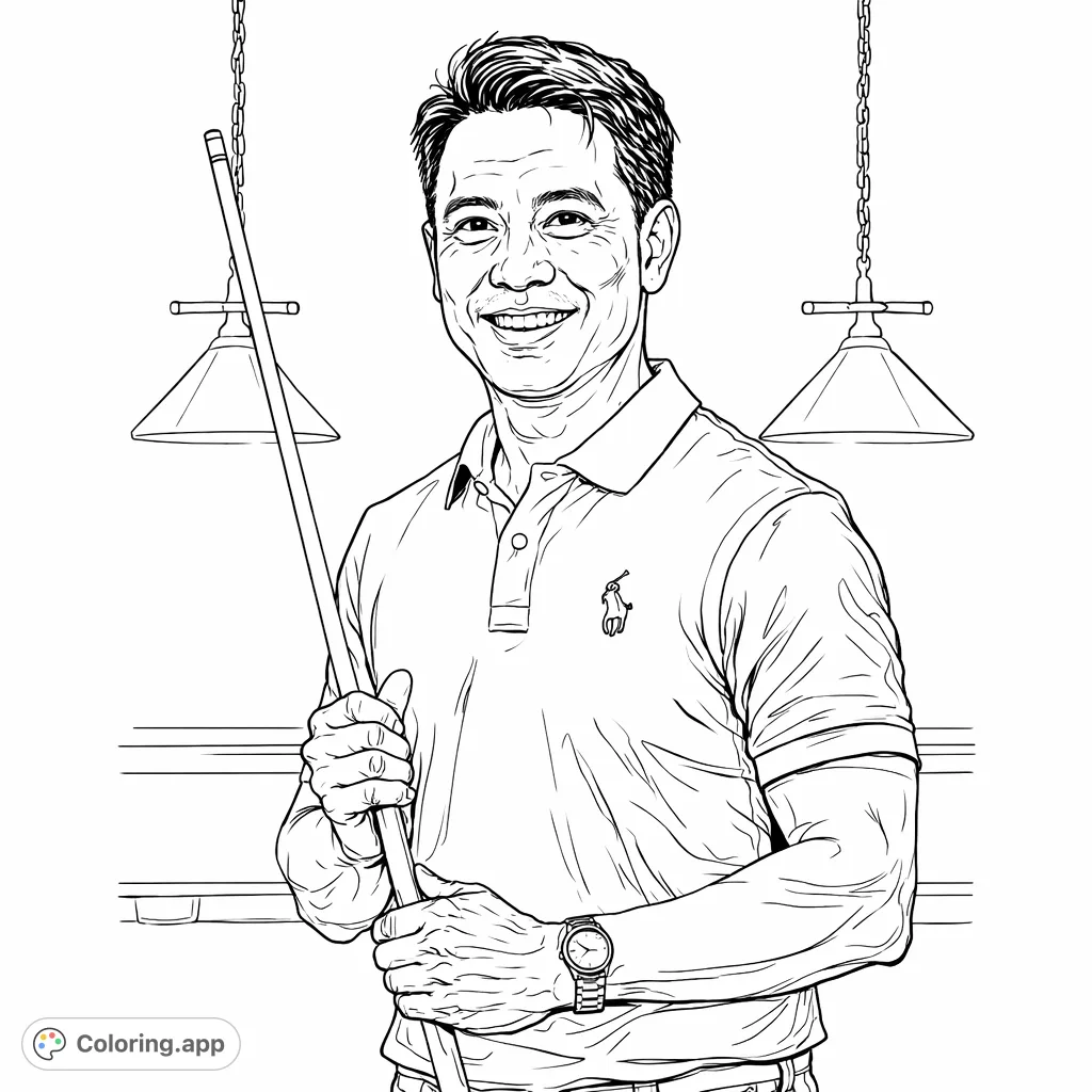 A friendly man holding a pool cue, ready for a game of billiards. This dynamic portrait offers a fun coloring experience for sports and portrait enthusiasts.
